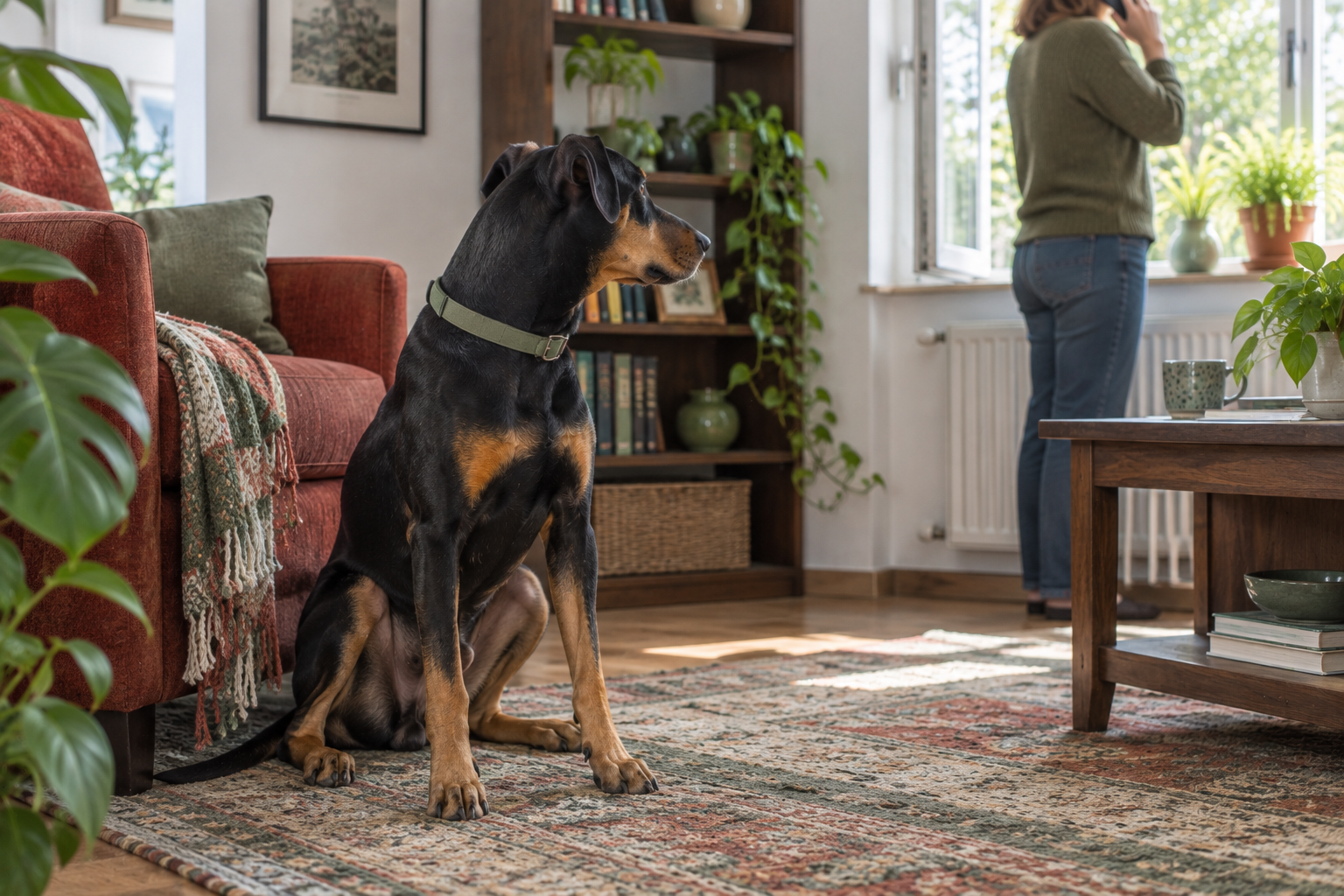 Majitelka telefonuje veterináři kvůli průjmu svého německého pinče